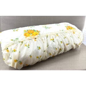 Vintage Ruffled Quilt White Coverlet w Yellow Orange Roses Cottagecore Bedspread